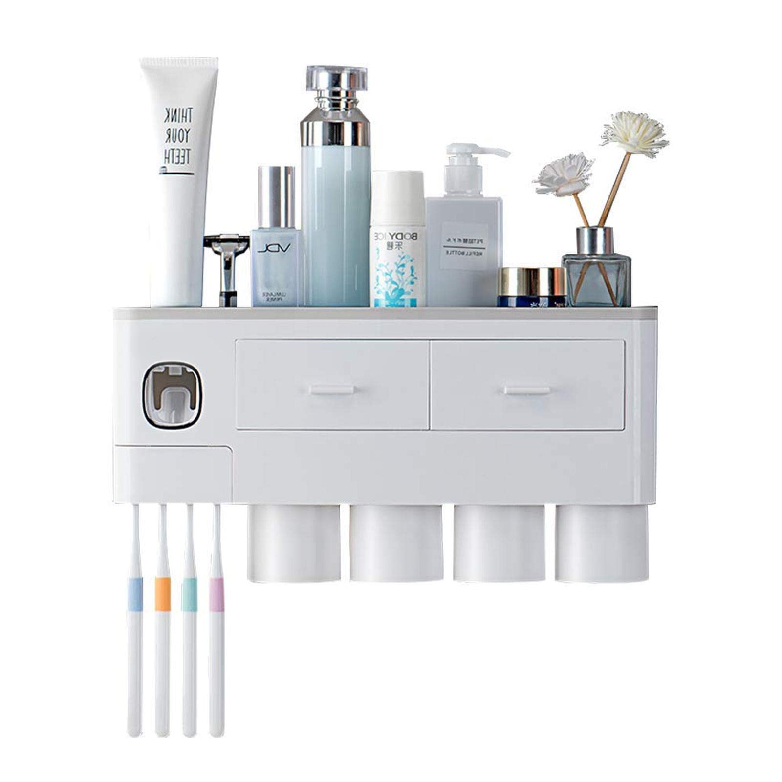 歯ブラシスタンド 収納ラック マグネット掛け式 自動歯磨き粉ディスペンサー コップスタンド 歯磨きコップホルダー 歯ブラシ立て 壁掛け 置き型  バスルーム 洗面台 多機能収納ケース 家族用 グレー コップ四つ